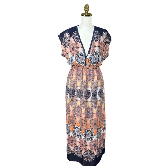 Enfocus Studio Dresses & Skirts - Enfocus Studio Women Navy Orange Medallion Print V-Neck Maxi Dress Size 10